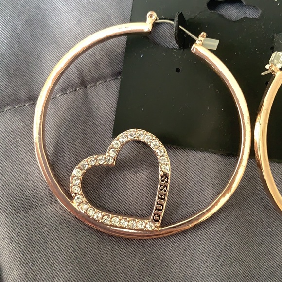 Guess Hoop Earrings With Rhinestone Hearts - Picture 2 of 4
